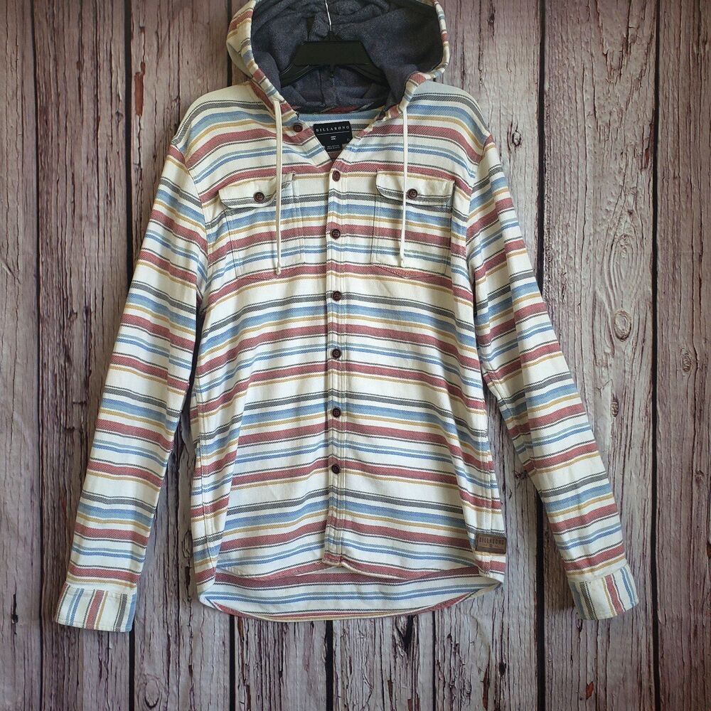 Billabong Mens Flannel Shirt Hooded Striped Pockets XL 100% Cotton Western